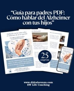 Ilustración de una familia con un adulto mayor con Alzheimer acompañado por un cuidador mientras dos niños observan, representando el impacto emocional del Alzheimer en el hogar y el duelo invisible en los niños.